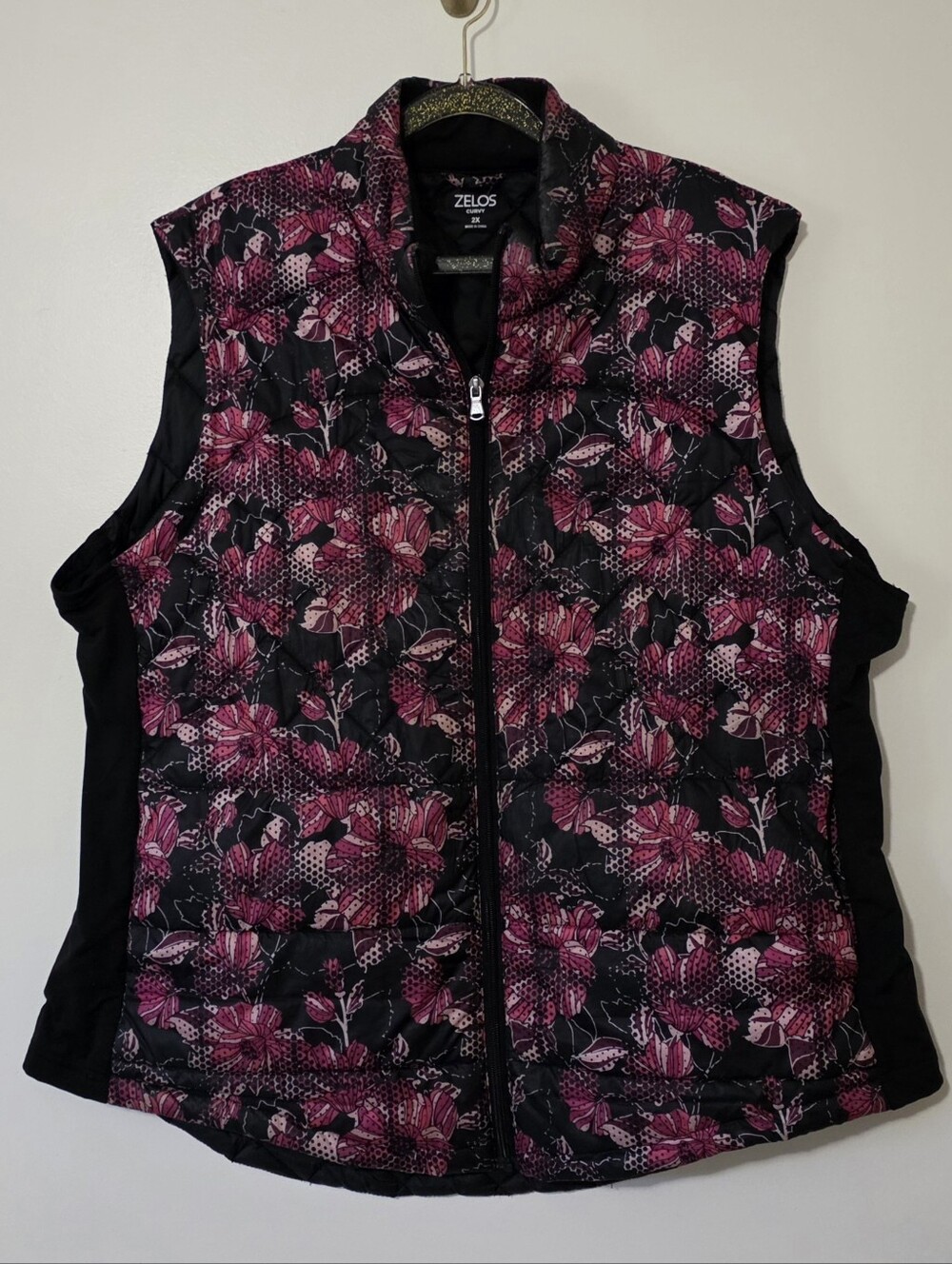 Zelos Curvy Quilted Floral Pink & Black Puffer Vest Granola Girl Whimsigoth 2X